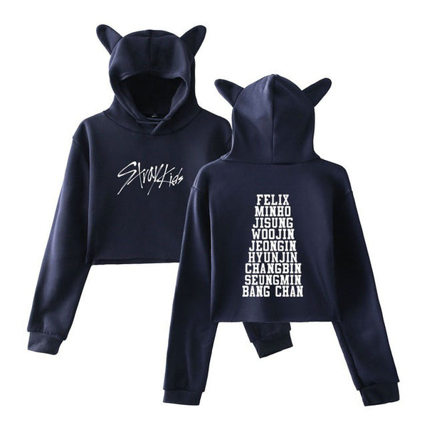 Mejor Pets StrayKids Member Name Print Sexy Cropped Hoodies Women Kawaii Cat Ears Pullovers.