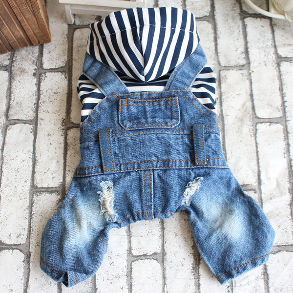 Mejor Pets Denim Stripe Pet Dog Jumpsuits Puppy Cat Hoodie Jean Coat