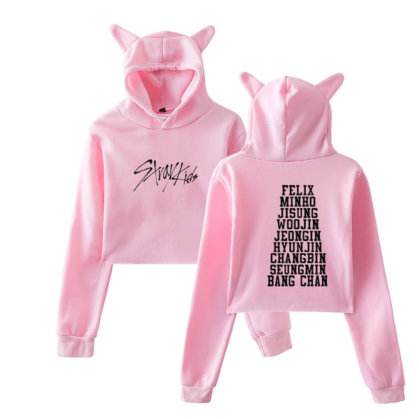 Mejor Pets StrayKids Member Name Print Sexy Cropped Hoodies Women Kawaii Cat Ears Pullovers.
