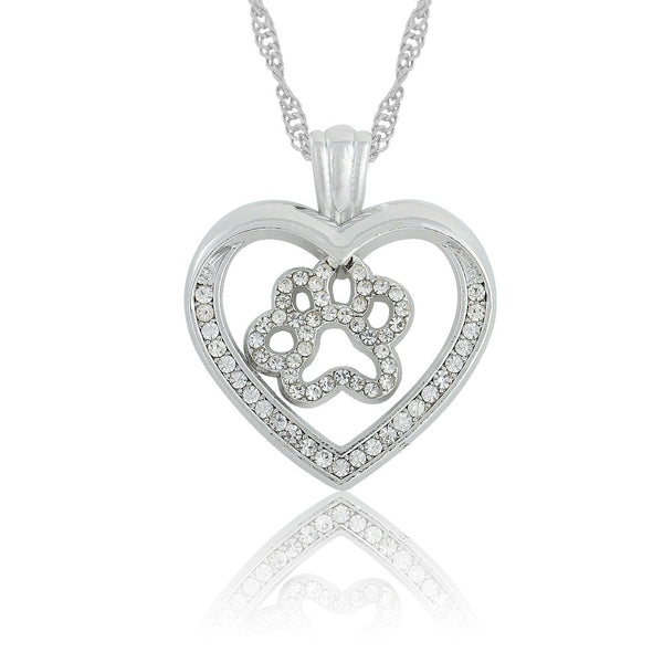 Mejor Pets Dog Paw Print w/ Cut Out Heart Crystal Paved Pendant Necklace