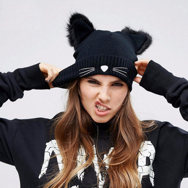 Mejor Pets Pet Cat Ears Women Hat Knitted Acrylic Warm Winter Beanie Caps Crochet Fur