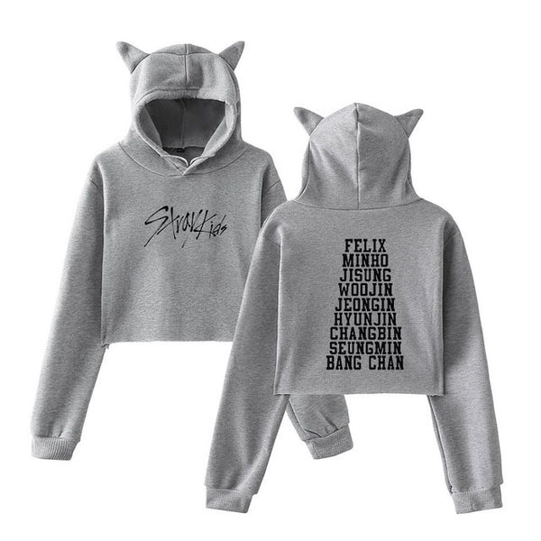 Mejor Pets StrayKids Member Name Print Sexy Cropped Hoodies Women Kawaii Cat Ears Pullovers.