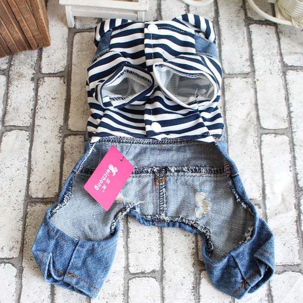 Mejor Pets Denim Stripe Pet Dog Jumpsuits Puppy Cat Hoodie Jean Coat