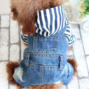 Mejor Pets Denim Stripe Pet Dog Jumpsuits Puppy Cat Hoodie Jean Coat
