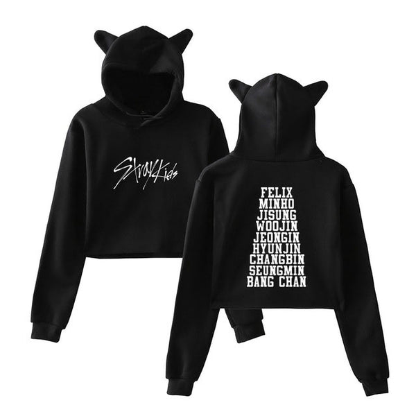 Mejor Pets StrayKids Member Name Print Sexy Cropped Hoodies Women Kawaii Cat Ears Pullovers.