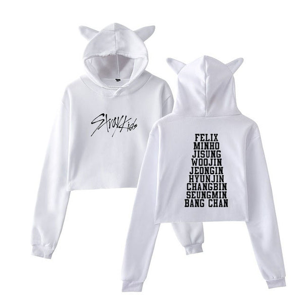 Mejor Pets StrayKids Member Name Print Sexy Cropped Hoodies Women Kawaii Cat Ears Pullovers.